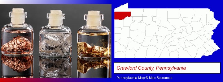 gold, silver, and copper nuggets; Crawford County, Pennsylvania highlighted in red on a map