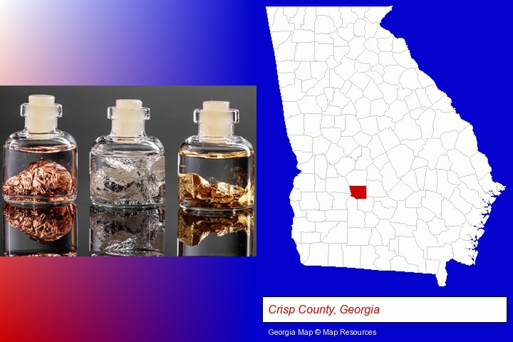 gold, silver, and copper nuggets; Crisp County, Georgia highlighted in red on a map