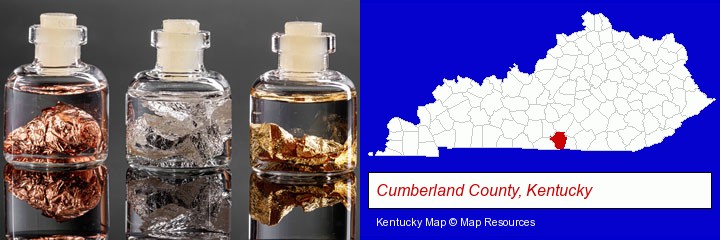 gold, silver, and copper nuggets; Cumberland County, Kentucky highlighted in red on a map