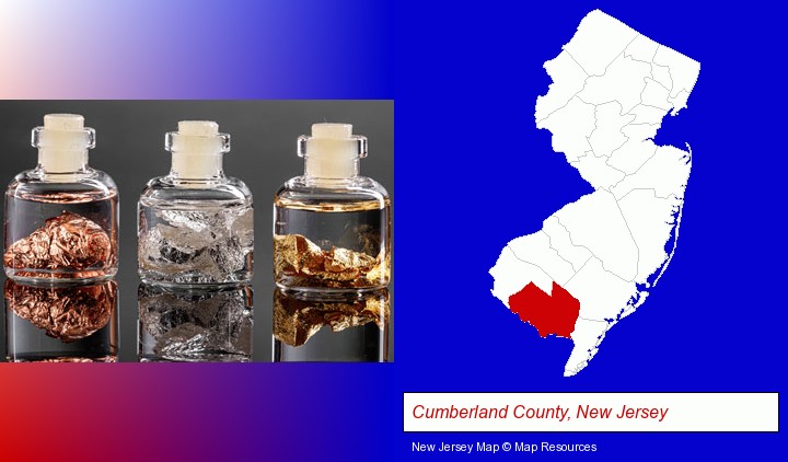 gold, silver, and copper nuggets; Cumberland County, New Jersey highlighted in red on a map