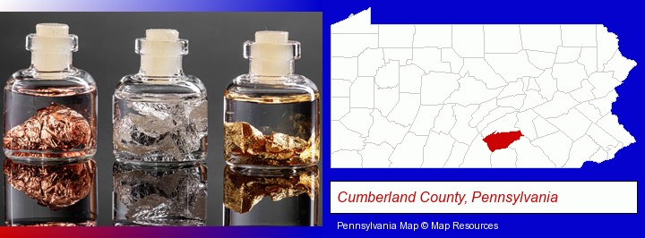 gold, silver, and copper nuggets; Cumberland County, Pennsylvania highlighted in red on a map