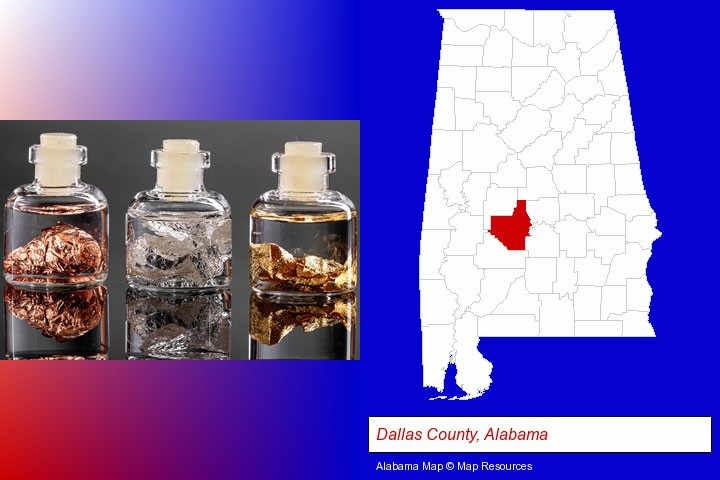 gold, silver, and copper nuggets; Dallas County, Alabama highlighted in red on a map