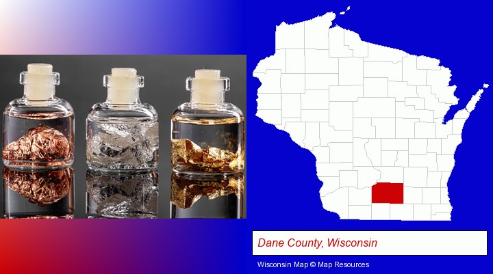 gold, silver, and copper nuggets; Dane County, Wisconsin highlighted in red on a map