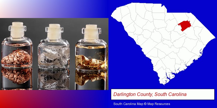 gold, silver, and copper nuggets; Darlington County, South Carolina highlighted in red on a map