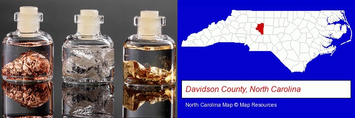 gold, silver, and copper nuggets; Davidson County, North Carolina highlighted in red on a map
