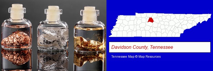 gold, silver, and copper nuggets; Davidson County, Tennessee highlighted in red on a map