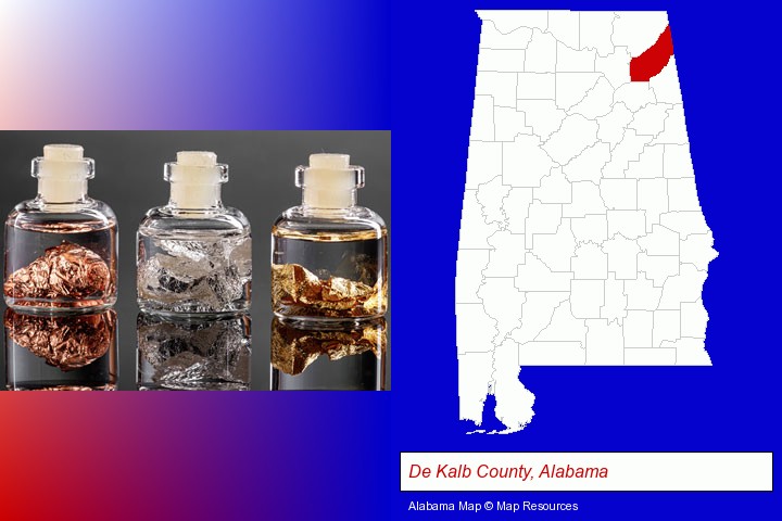 gold, silver, and copper nuggets; De Kalb County, Alabama highlighted in red on a map