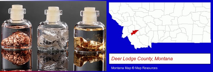 gold, silver, and copper nuggets; Deer Lodge County, Montana highlighted in red on a map