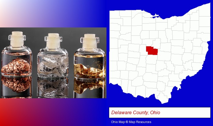 gold, silver, and copper nuggets; Delaware County, Ohio highlighted in red on a map