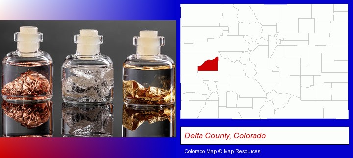 gold, silver, and copper nuggets; Delta County, Colorado highlighted in red on a map