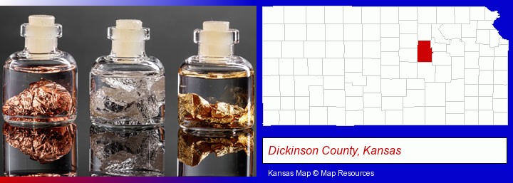 gold, silver, and copper nuggets; Dickinson County, Kansas highlighted in red on a map