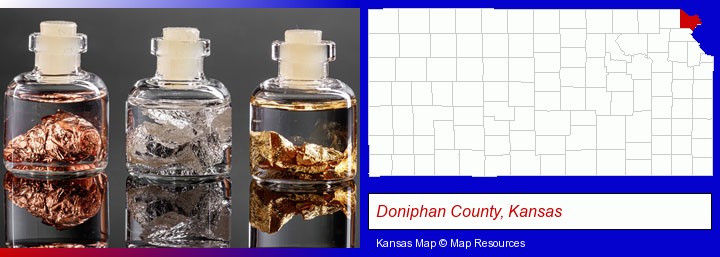 gold, silver, and copper nuggets; Doniphan County, Kansas highlighted in red on a map