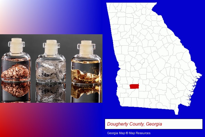 gold, silver, and copper nuggets; Dougherty County, Georgia highlighted in red on a map