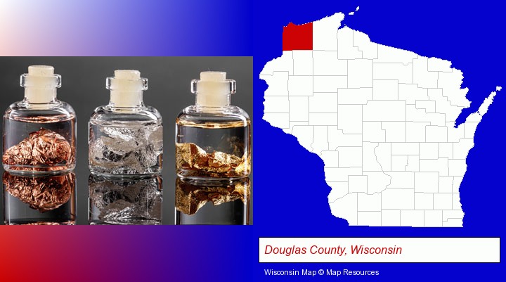 gold, silver, and copper nuggets; Douglas County, Wisconsin highlighted in red on a map