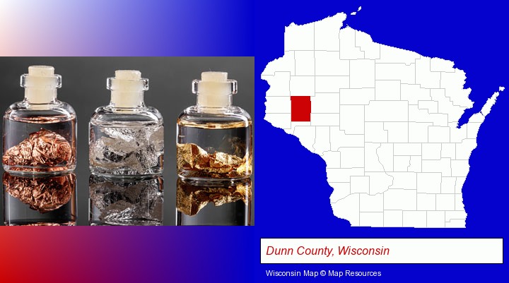 gold, silver, and copper nuggets; Dunn County, Wisconsin highlighted in red on a map