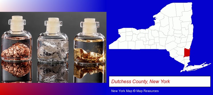 gold, silver, and copper nuggets; Dutchess County, New York highlighted in red on a map