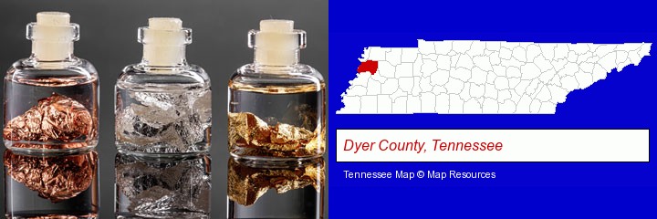gold, silver, and copper nuggets; Dyer County, Tennessee highlighted in red on a map