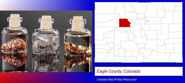 gold, silver, and copper nuggets; Eagle County, Colorado highlighted in red on a map