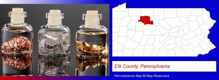 gold, silver, and copper nuggets; Elk County, Pennsylvania highlighted in red on a map