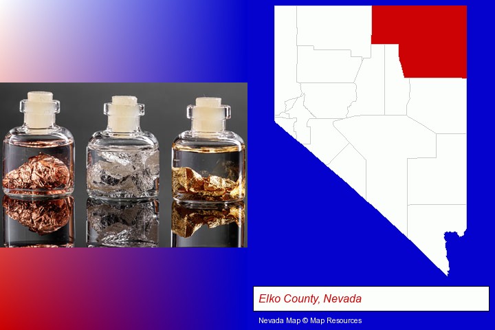 gold, silver, and copper nuggets; Elko County, Nevada highlighted in red on a map