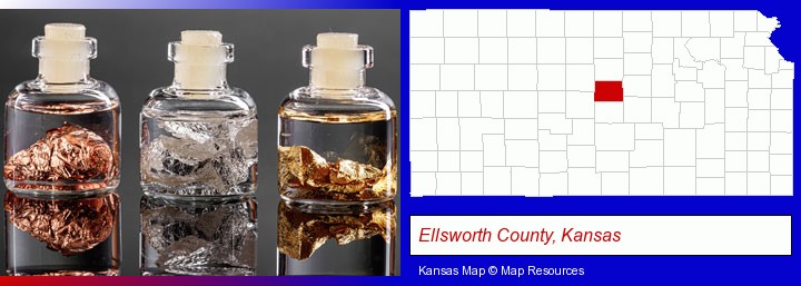 gold, silver, and copper nuggets; Ellsworth County, Kansas highlighted in red on a map