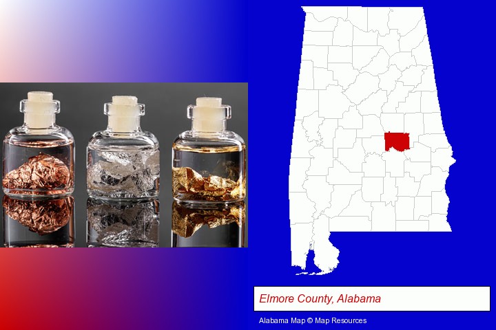 gold, silver, and copper nuggets; Elmore County, Alabama highlighted in red on a map