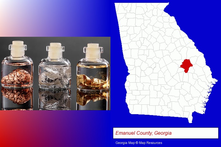 gold, silver, and copper nuggets; Emanuel County, Georgia highlighted in red on a map