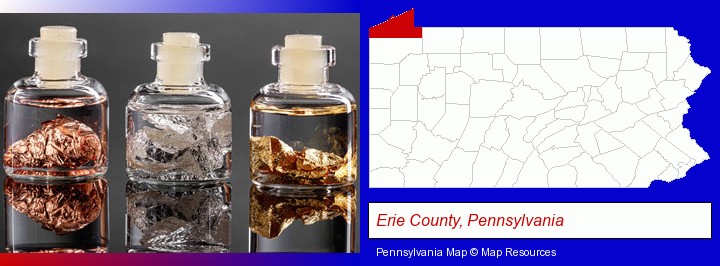gold, silver, and copper nuggets; Erie County, Pennsylvania highlighted in red on a map