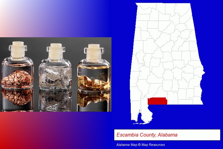 gold, silver, and copper nuggets; Escambia County, Alabama highlighted in red on a map