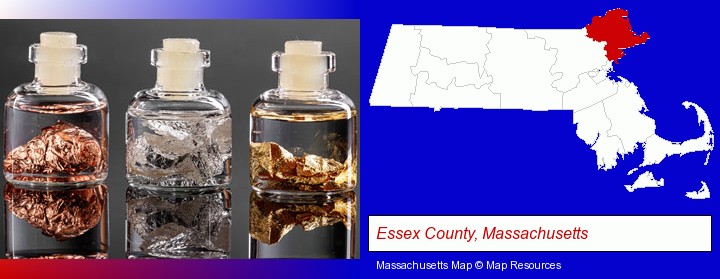 gold, silver, and copper nuggets; Essex County, Massachusetts highlighted in red on a map