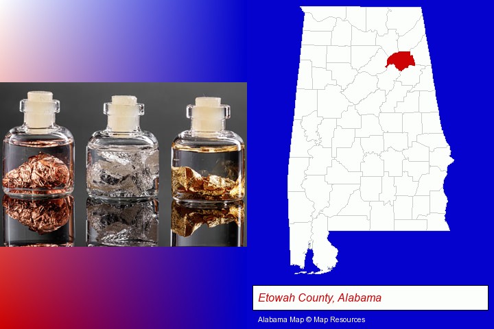 gold, silver, and copper nuggets; Etowah County, Alabama highlighted in red on a map