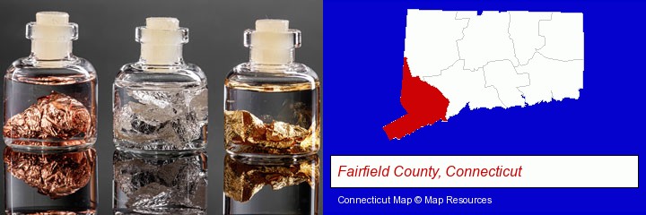 gold, silver, and copper nuggets; Fairfield County, Connecticut highlighted in red on a map