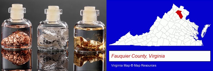 gold, silver, and copper nuggets; Fauquier County, Virginia highlighted in red on a map