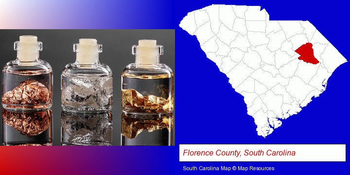 gold, silver, and copper nuggets; Florence County, South Carolina highlighted in red on a map