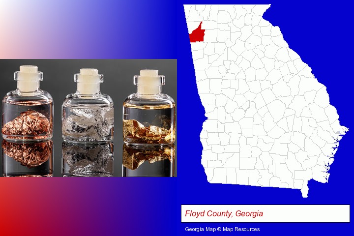 gold, silver, and copper nuggets; Floyd County, Georgia highlighted in red on a map