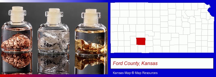 gold, silver, and copper nuggets; Ford County, Kansas highlighted in red on a map