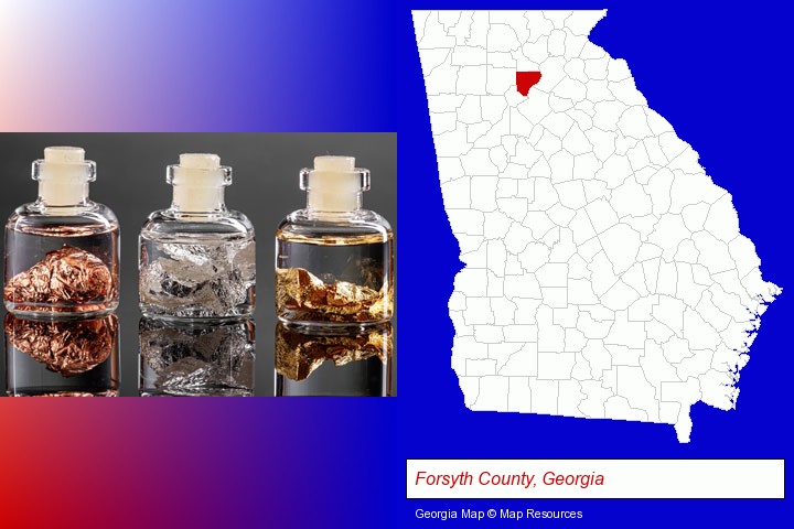 gold, silver, and copper nuggets; Forsyth County, Georgia highlighted in red on a map