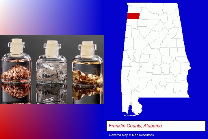 gold, silver, and copper nuggets; Franklin County, Alabama highlighted in red on a map