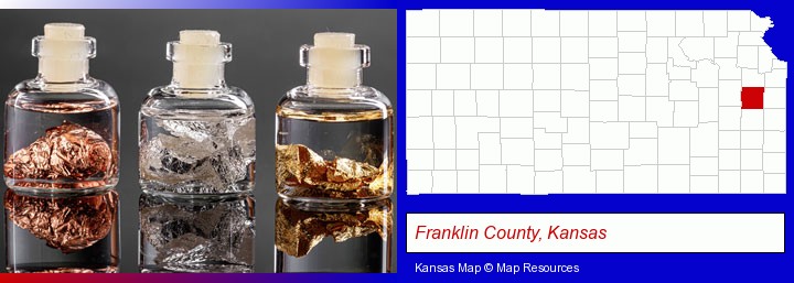 gold, silver, and copper nuggets; Franklin County, Kansas highlighted in red on a map