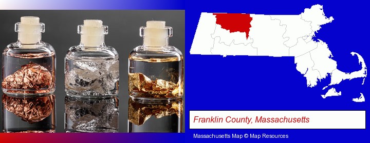gold, silver, and copper nuggets; Franklin County, Massachusetts highlighted in red on a map