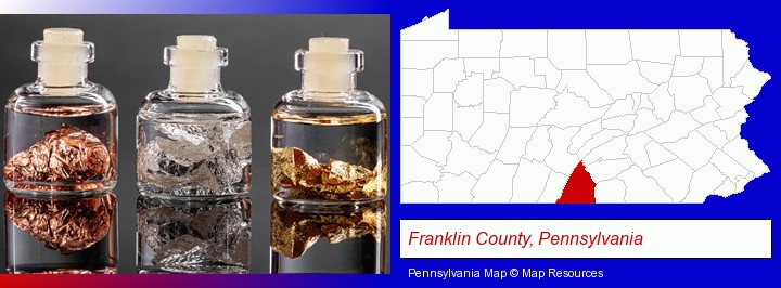 gold, silver, and copper nuggets; Franklin County, Pennsylvania highlighted in red on a map