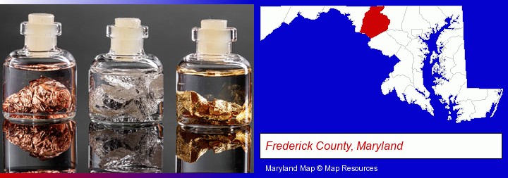 gold, silver, and copper nuggets; Frederick County, Maryland highlighted in red on a map