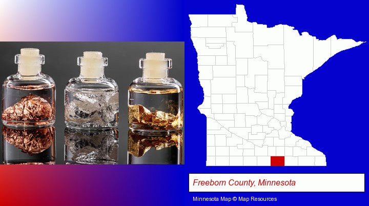 gold, silver, and copper nuggets; Freeborn County, Minnesota highlighted in red on a map