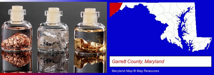 gold, silver, and copper nuggets; Garrett County, Maryland highlighted in red on a map