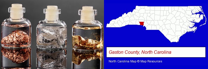 gold, silver, and copper nuggets; Gaston County, North Carolina highlighted in red on a map