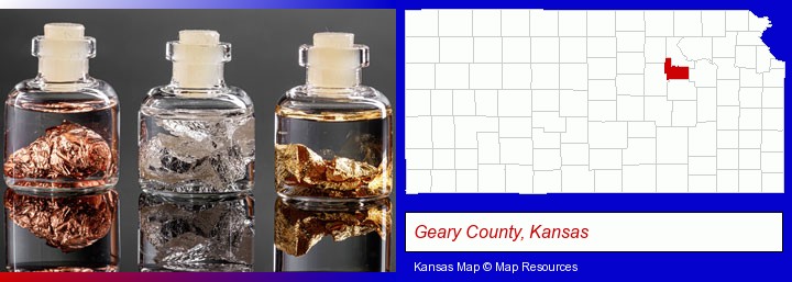gold, silver, and copper nuggets; Geary County, Kansas highlighted in red on a map