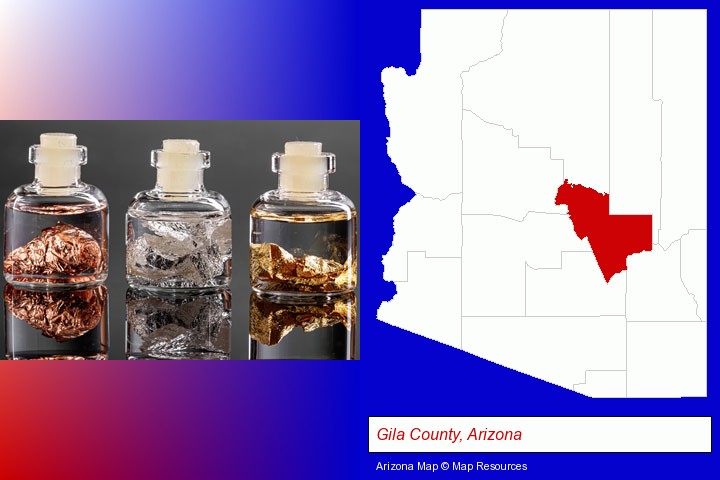 gold, silver, and copper nuggets; Gila County, Arizona highlighted in red on a map