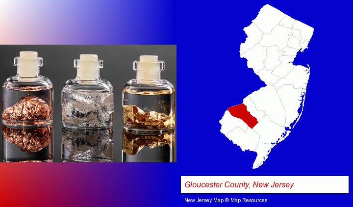 gold, silver, and copper nuggets; Gloucester County, New Jersey highlighted in red on a map