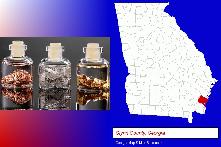gold, silver, and copper nuggets; Glynn County, Georgia highlighted in red on a map