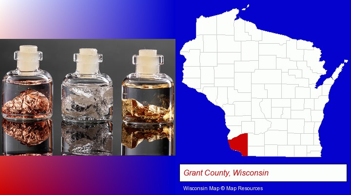 gold, silver, and copper nuggets; Grant County, Wisconsin highlighted in red on a map